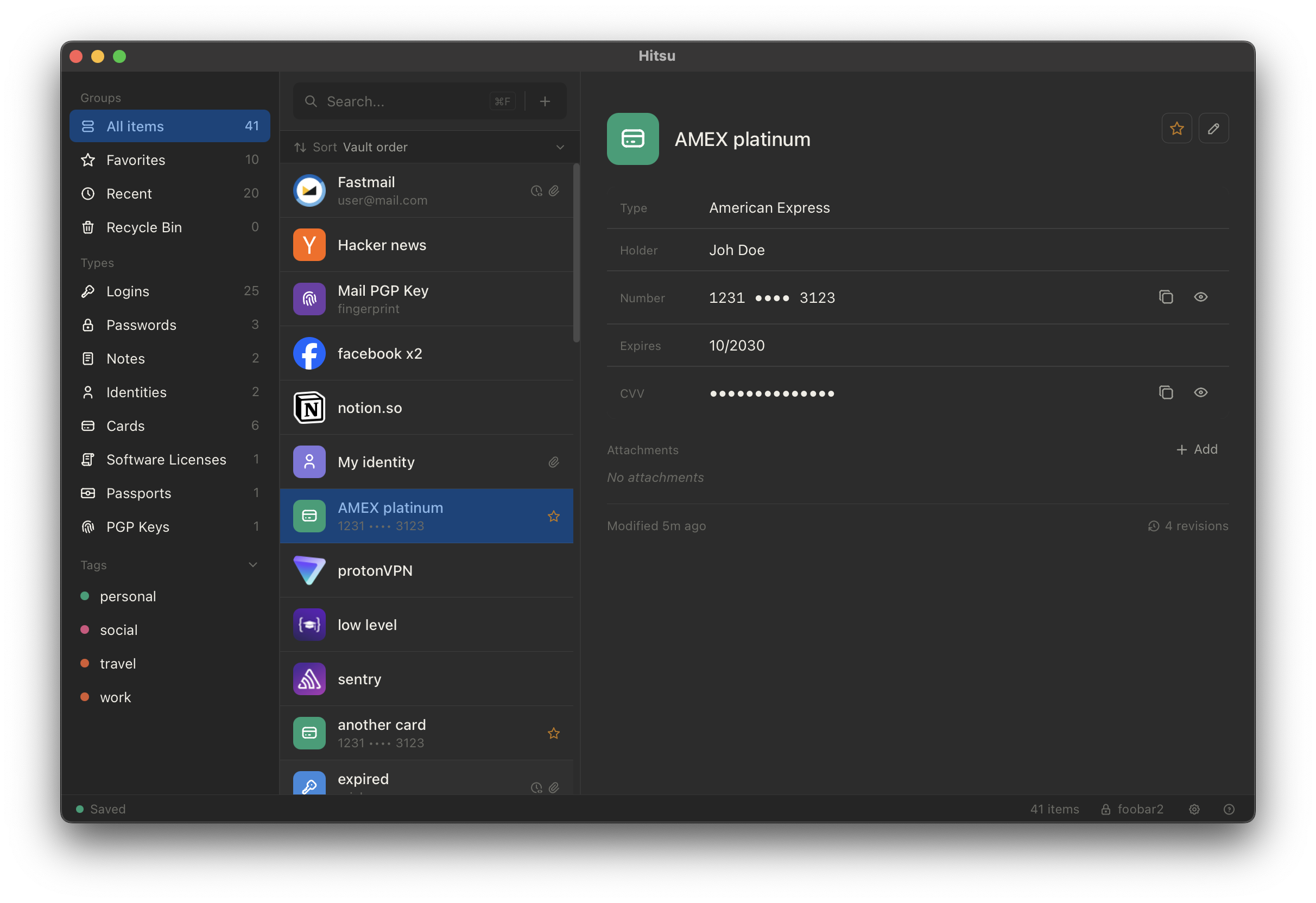 Hitsu showing a payment card entry with protected card number and CVV fields