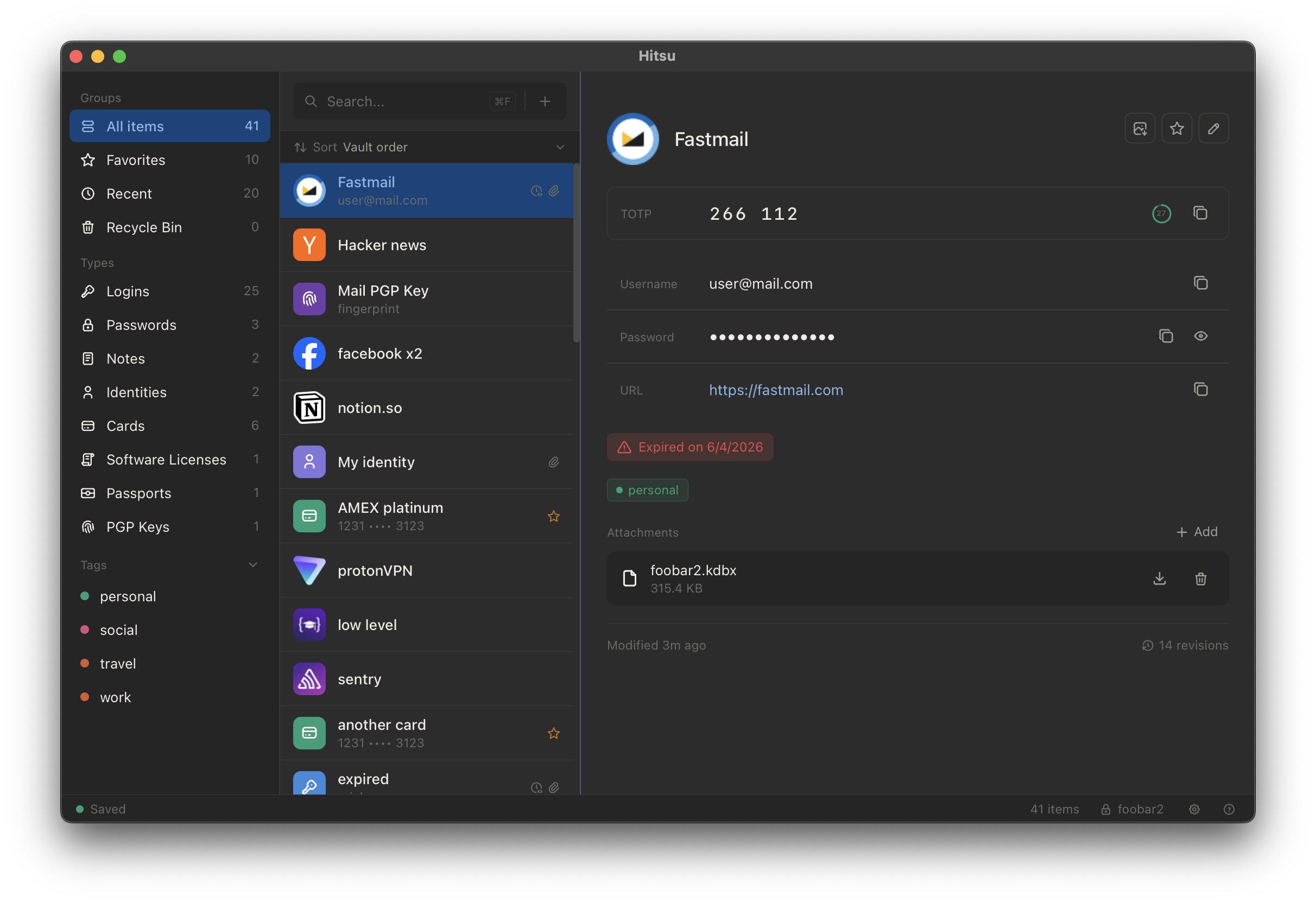 Hitsu showing a login entry with TOTP, tags, attachments, and entry history